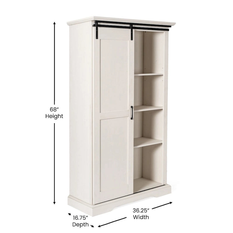 White / Graywash / Black Farmhouse Sliding Barn Door Storage Cabinet, 6-Shelf, Single Assembly