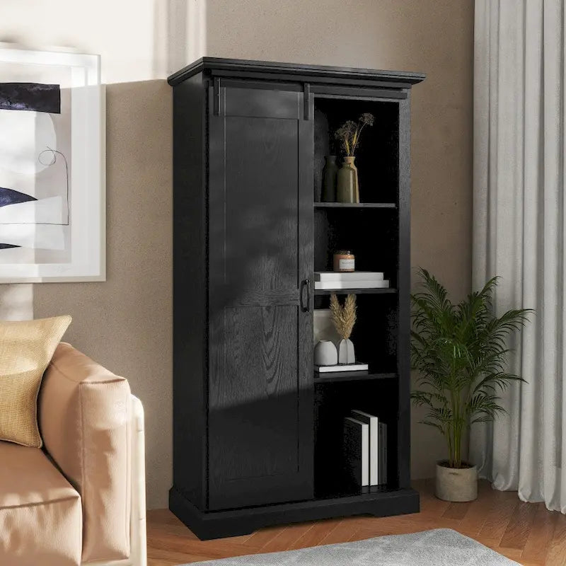 White / Graywash / Black Farmhouse Sliding Barn Door Storage Cabinet, 6-Shelf, Single Assembly