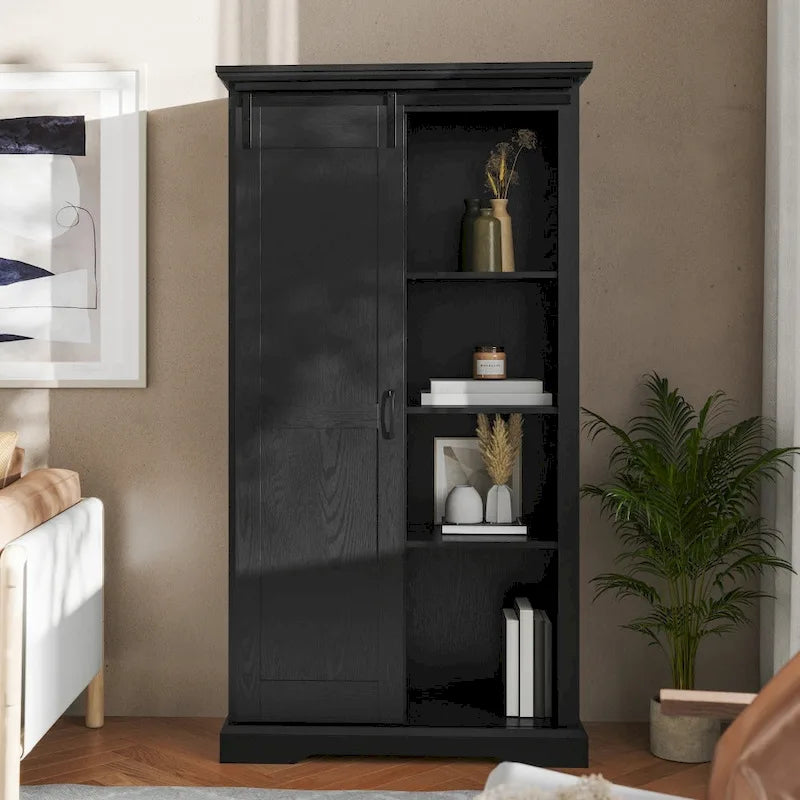 White / Graywash / Black Farmhouse Sliding Barn Door Storage Cabinet, 6-Shelf, Single Assembly