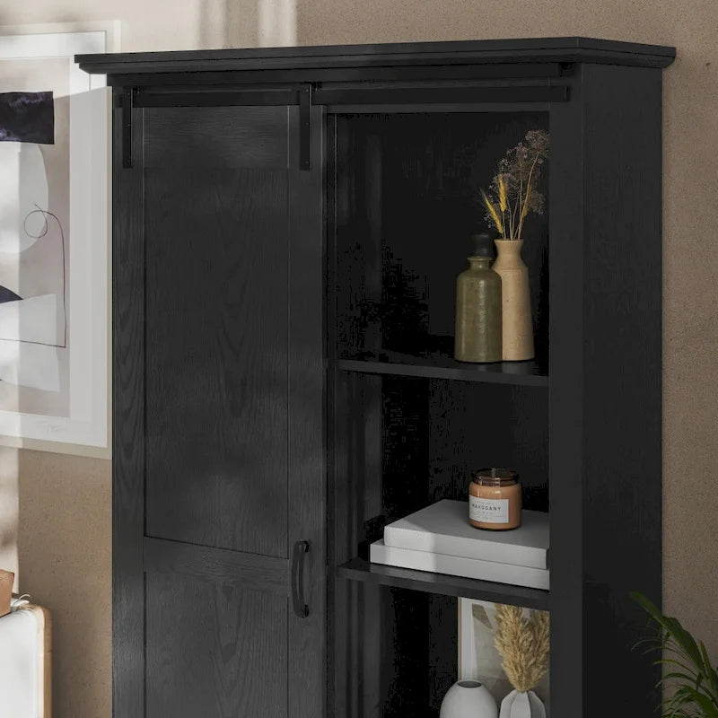 White / Graywash / Black Farmhouse Sliding Barn Door Storage Cabinet, 6-Shelf, Single Assembly