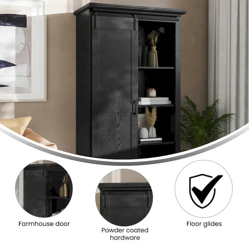 White / Graywash / Black Farmhouse Sliding Barn Door Storage Cabinet, 6-Shelf, Single Assembly