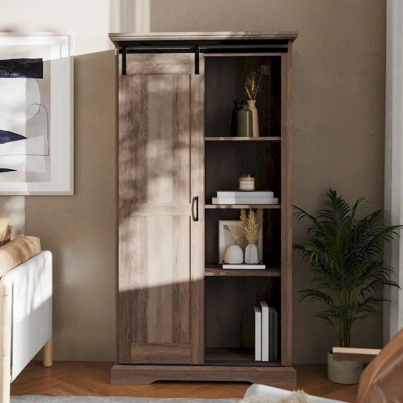 White / Graywash / Black Farmhouse Sliding Barn Door Storage Cabinet, 6-Shelf, Single Assembly