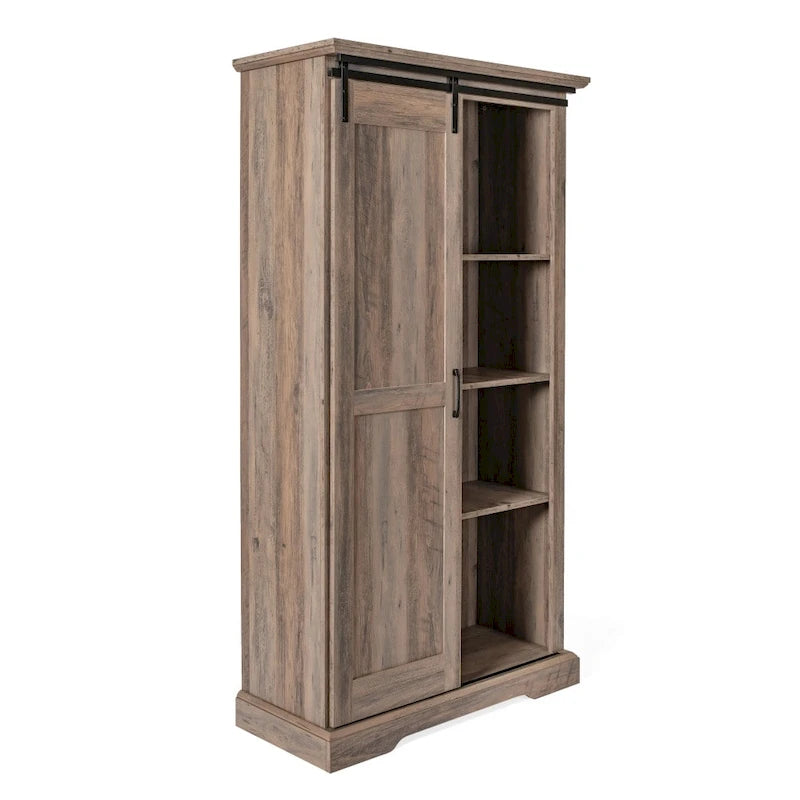 White / Graywash / Black Farmhouse Sliding Barn Door Storage Cabinet, 6-Shelf, Single Assembly