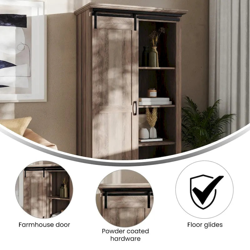 White / Graywash / Black Farmhouse Sliding Barn Door Storage Cabinet, 6-Shelf, Single Assembly