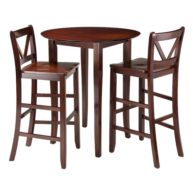 Walnut 3-Piece Pub Table & V-Back Bar Stool Set, Seats 2