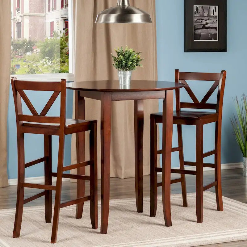 Walnut 3-Piece Pub Table & V-Back Bar Stool Set, Seats 2