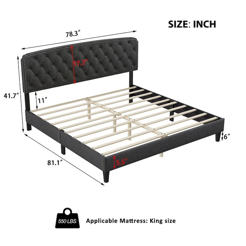 Grey King Size Button-Tufted Upholstered Headboard, For 1–2 Users