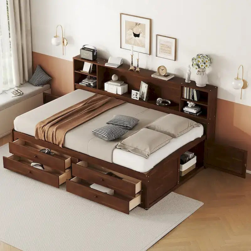Full Size Storage Bed with Bookcase Headboard, 4 Drawers & 2 Cabinets, Antique Brown, 1-Person