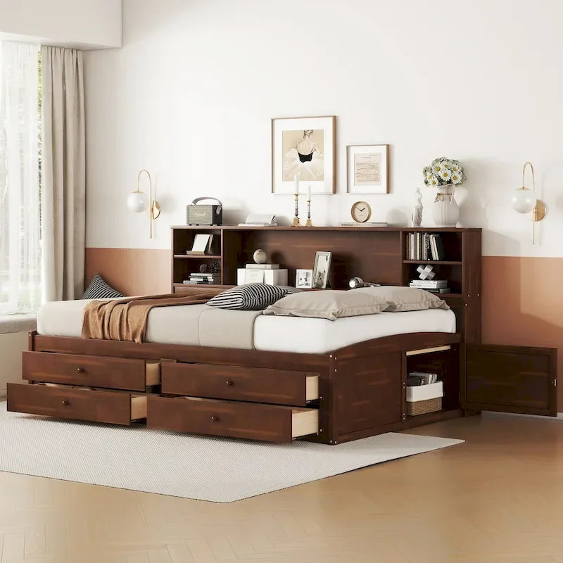 Full Size Storage Bed with Bookcase Headboard, 4 Drawers & 2 Cabinets, Antique Brown, 1-Person