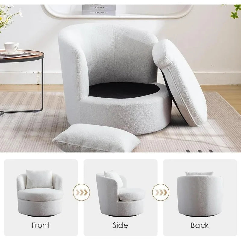 White Round Swivel Accent Chair, Lamb Wool, Single Seat