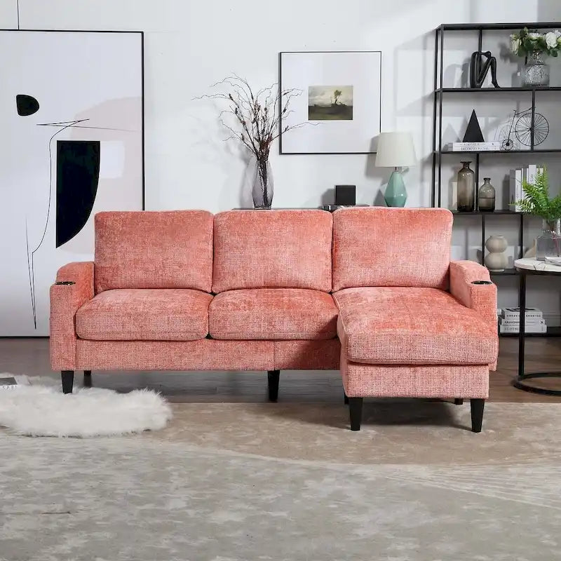 Grey / Teal / Beige / Pink / Emerald / Yellow / Orange Chenille L-Shaped Sectional Sofa with Storage Ottoman, Seats 3–4