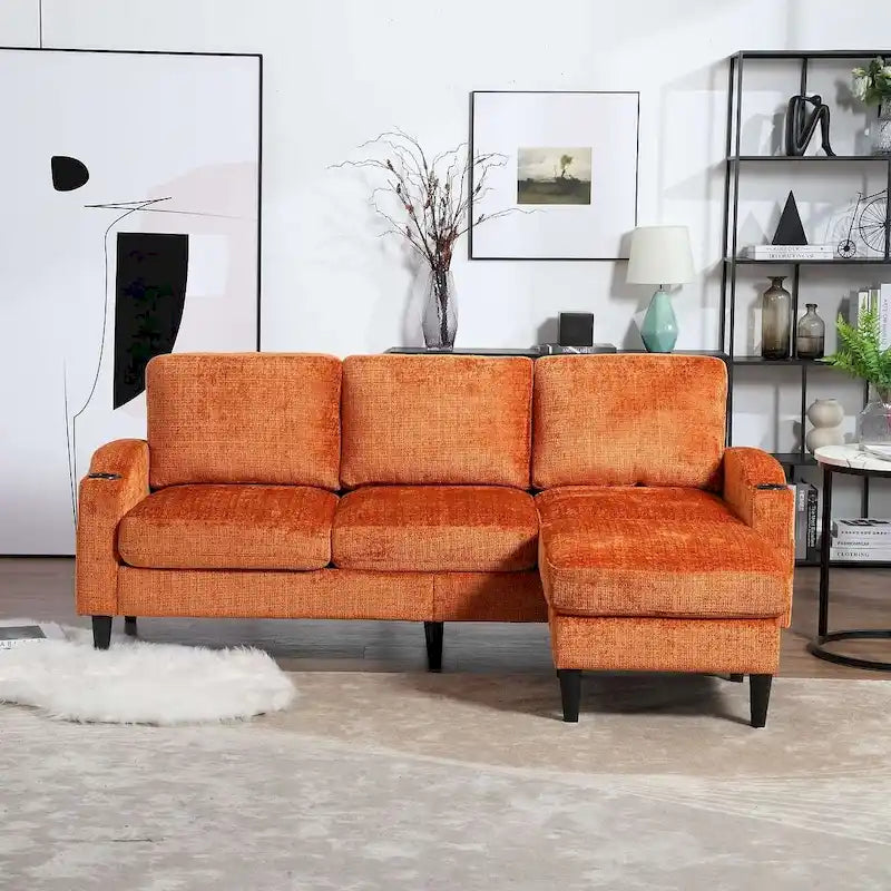 Grey / Teal / Beige / Pink / Emerald / Yellow / Orange Chenille L-Shaped Sectional Sofa with Storage Ottoman, Seats 3–4
