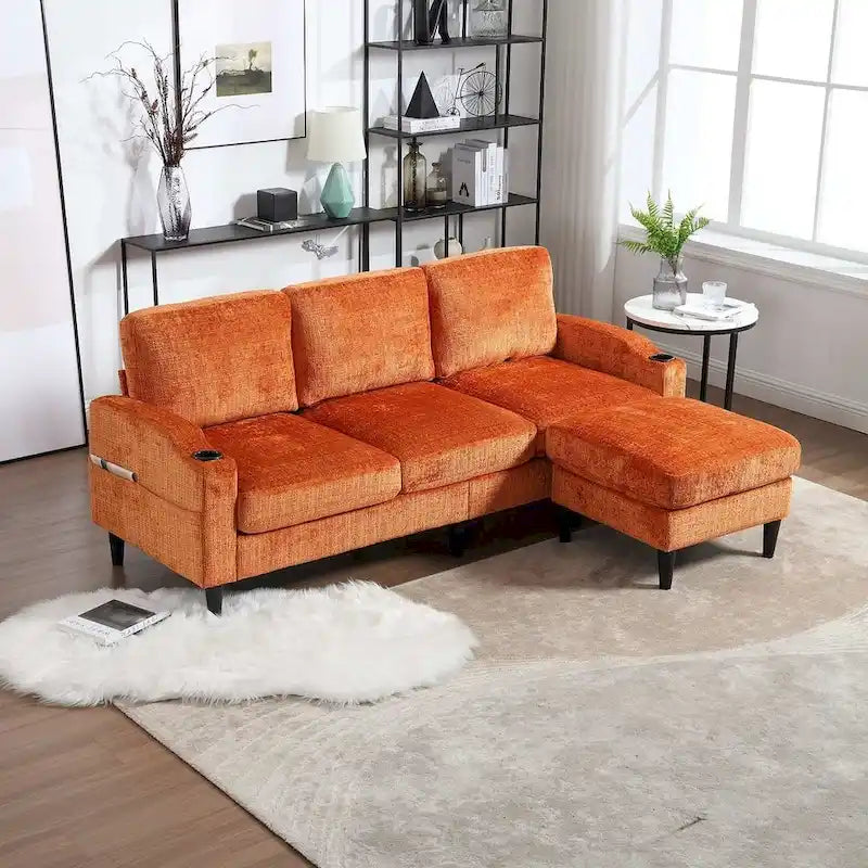 Grey / Teal / Beige / Pink / Emerald / Yellow / Orange Chenille L-Shaped Sectional Sofa with Storage Ottoman, Seats 3–4