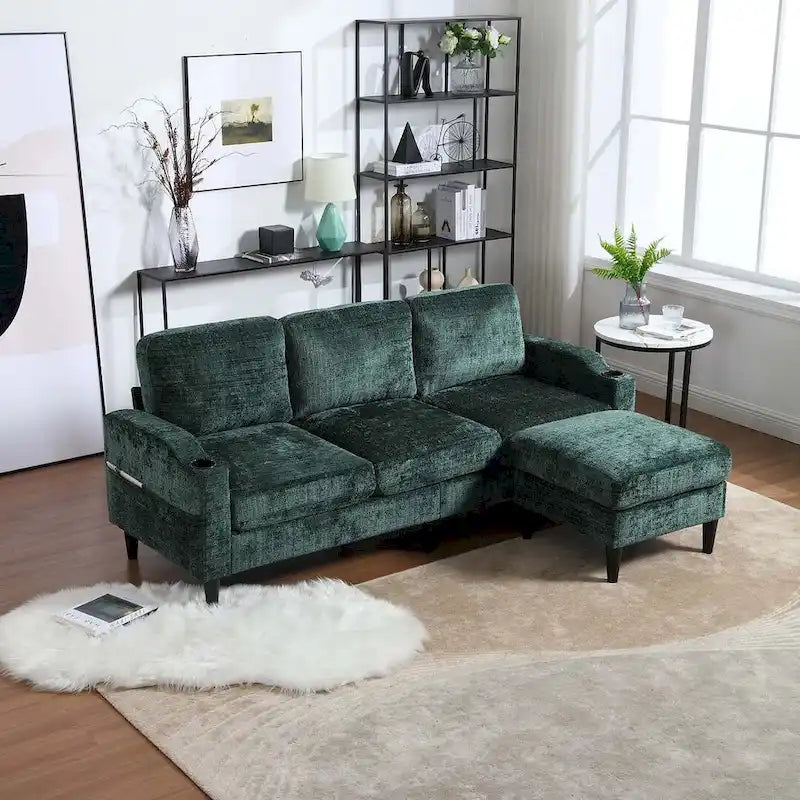 Grey / Teal / Beige / Pink / Emerald / Yellow / Orange Chenille L-Shaped Sectional Sofa with Storage Ottoman, Seats 3–4