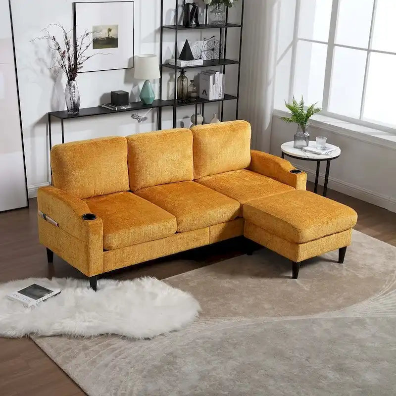 Grey / Teal / Beige / Pink / Emerald / Yellow / Orange Chenille L-Shaped Sectional Sofa with Storage Ottoman, Seats 3–4