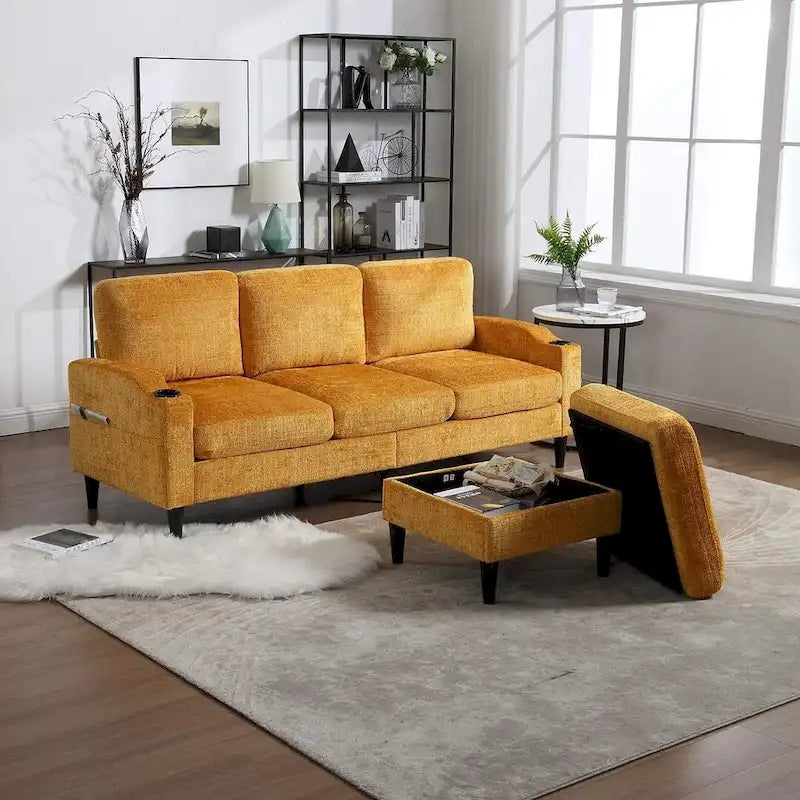 Grey / Teal / Beige / Pink / Emerald / Yellow / Orange Chenille L-Shaped Sectional Sofa with Storage Ottoman, Seats 3–4