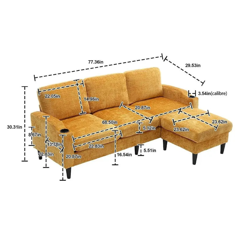 Grey / Teal / Beige / Pink / Emerald / Yellow / Orange Chenille L-Shaped Sectional Sofa with Storage Ottoman, Seats 3–4