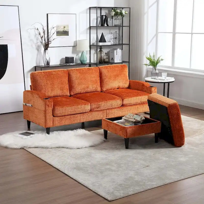 Grey / Teal / Beige / Pink / Emerald / Yellow / Orange Chenille L-Shaped Sectional Sofa with Storage Ottoman, Seats 3–4
