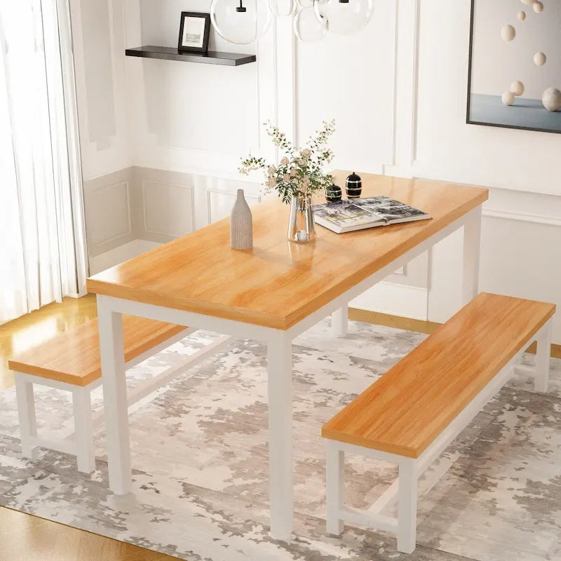 3-Piece Dining Table Set with 2 Benches, Rustic Brown / Black / Beige, Seats 4–6