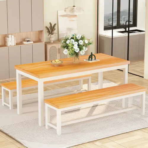 3-Piece Dining Table Set with 2 Benches, Rustic Brown / Black / Beige, Seats 4–6