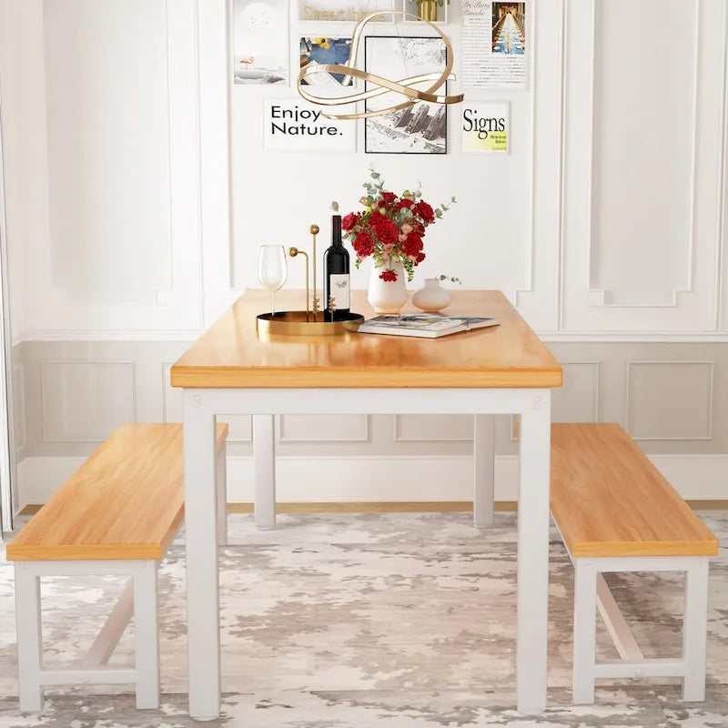 3-Piece Dining Table Set with 2 Benches, Rustic Brown / Black / Beige, Seats 4–6