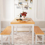3-Piece Dining Table Set with 2 Benches, Rustic Brown / Black / Beige, Seats 4–6