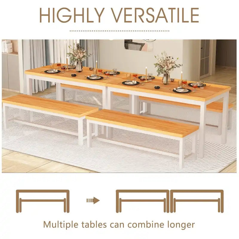 3-Piece Dining Table Set with 2 Benches, Rustic Brown / Black / Beige, Seats 4–6