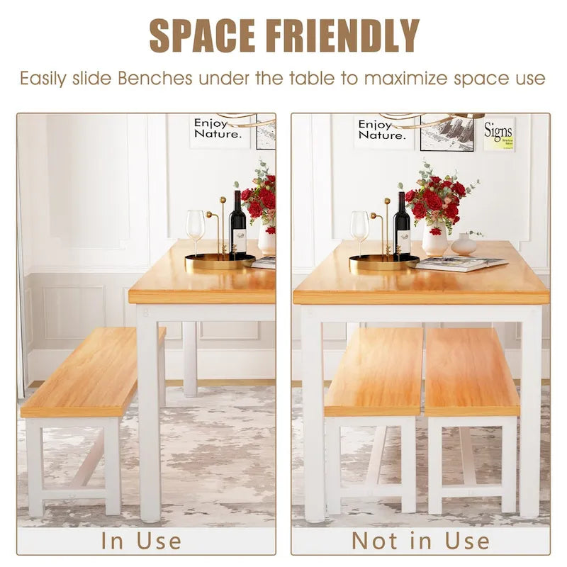 3-Piece Dining Table Set with 2 Benches, Rustic Brown / Black / Beige, Seats 4–6