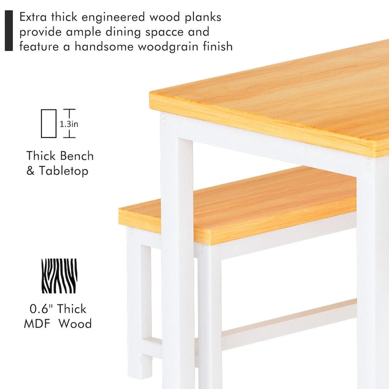 3-Piece Dining Table Set with 2 Benches, Rustic Brown / Black / Beige, Seats 4–6