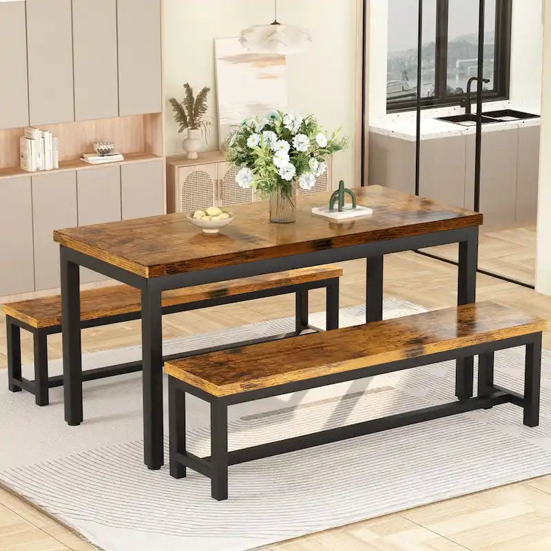 3-Piece Dining Table Set with 2 Benches, Rustic Brown / Black / Beige, Seats 4–6