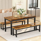 3-Piece Dining Table Set with 2 Benches, Rustic Brown / Black / Beige, Seats 4–6