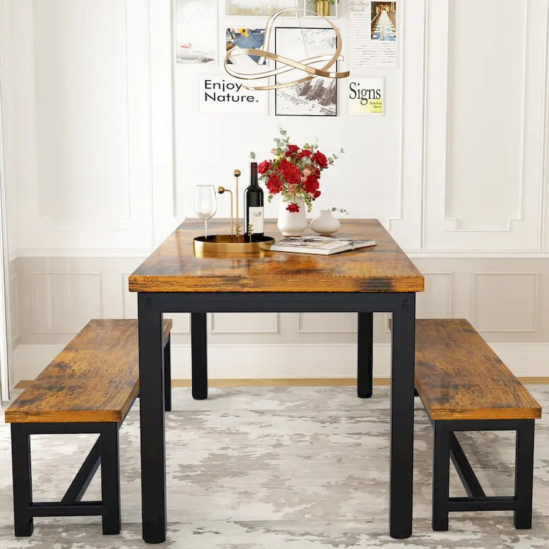 3-Piece Dining Table Set with 2 Benches, Rustic Brown / Black / Beige, Seats 4–6