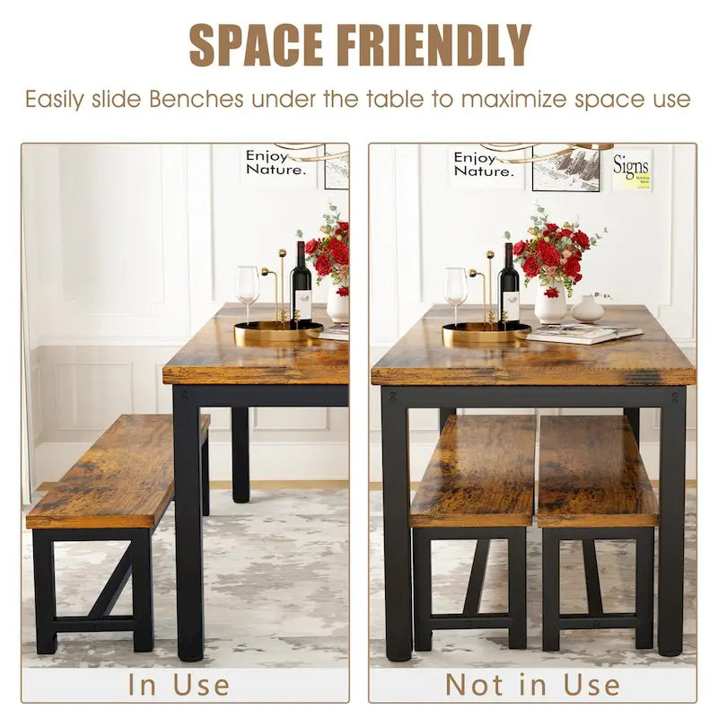 3-Piece Dining Table Set with 2 Benches, Rustic Brown / Black / Beige, Seats 4–6