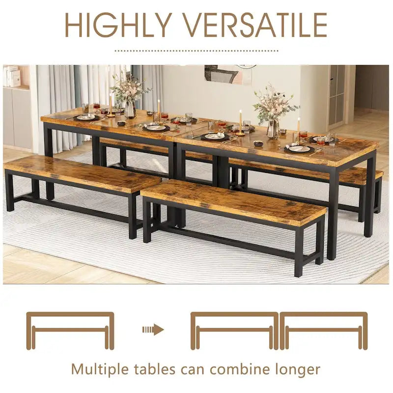 3-Piece Dining Table Set with 2 Benches, Rustic Brown / Black / Beige, Seats 4–6