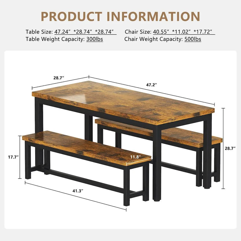 3-Piece Dining Table Set with 2 Benches, Rustic Brown / Black / Beige, Seats 4–6