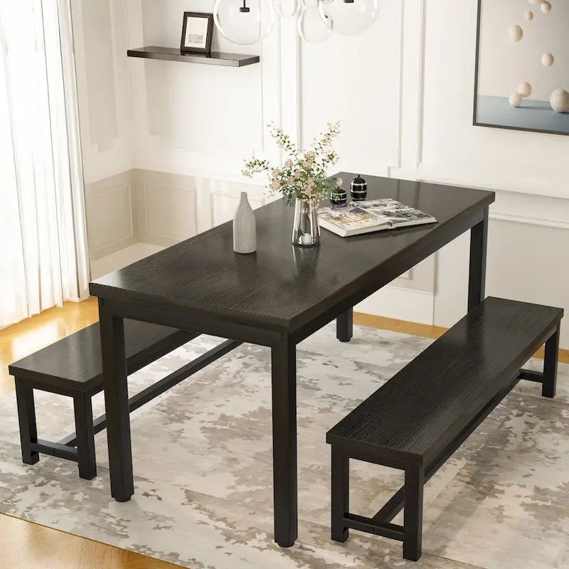 3-Piece Dining Table Set with 2 Benches, Rustic Brown / Black / Beige, Seats 4–6