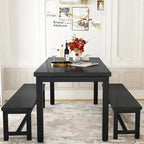 3-Piece Dining Table Set with 2 Benches, Rustic Brown / Black / Beige, Seats 4–6
