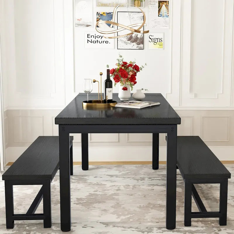 3-Piece Dining Table Set with 2 Benches, Rustic Brown / Black / Beige, Seats 4–6