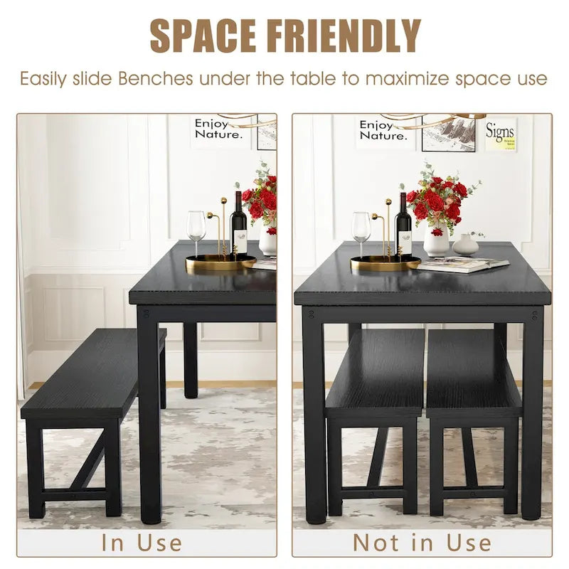 3-Piece Dining Table Set with 2 Benches, Rustic Brown / Black / Beige, Seats 4–6