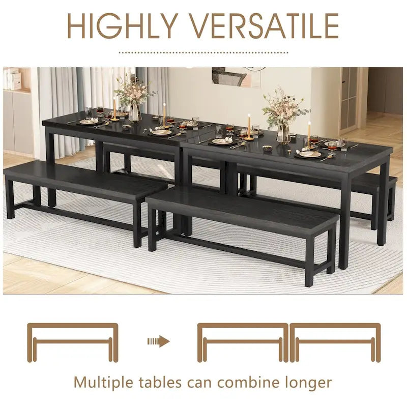3-Piece Dining Table Set with 2 Benches, Rustic Brown / Black / Beige, Seats 4–6