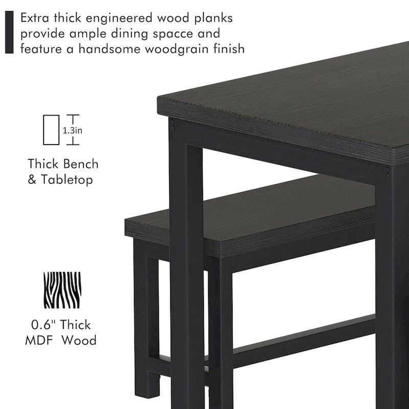3-Piece Dining Table Set with 2 Benches, Rustic Brown / Black / Beige, Seats 4–6