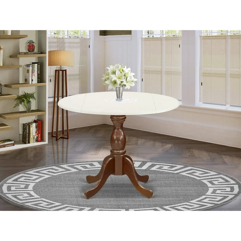 Linen White & Mahogany Round Drop-Leaf Pedestal Dining Table, Seats 2–4