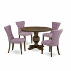 Distressed Jacobean Round Dining Table Set, Dahlia Linen, Seats 4 or 6