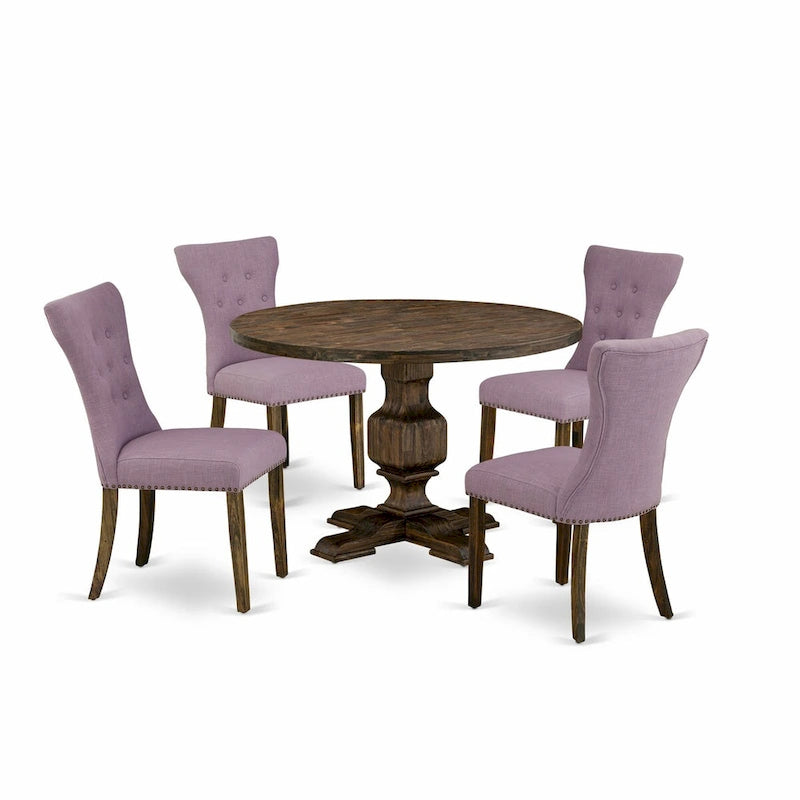 Distressed Jacobean Round Dining Table Set, Dahlia Linen, Seats 4 or 6