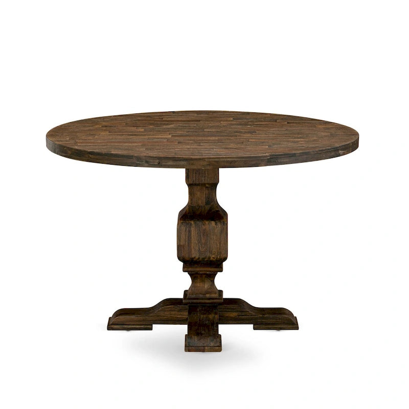 Distressed Jacobean Round Dining Table Set, Dahlia Linen, Seats 4 or 6