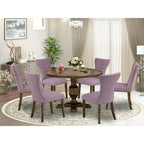 Distressed Jacobean Round Dining Table Set, Dahlia Linen, Seats 4 or 6