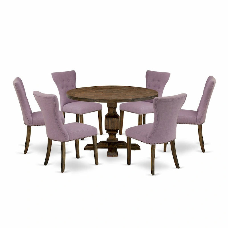 Distressed Jacobean Round Dining Table Set, Dahlia Linen, Seats 4 or 6