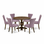 Distressed Jacobean Round Dining Table Set, Dahlia Linen, Seats 4 or 6