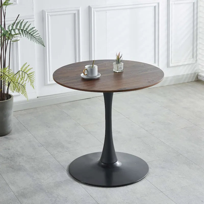 Walnut+Black / White Round Tulip Dining Table, Pedestal Base, Seats 2–4