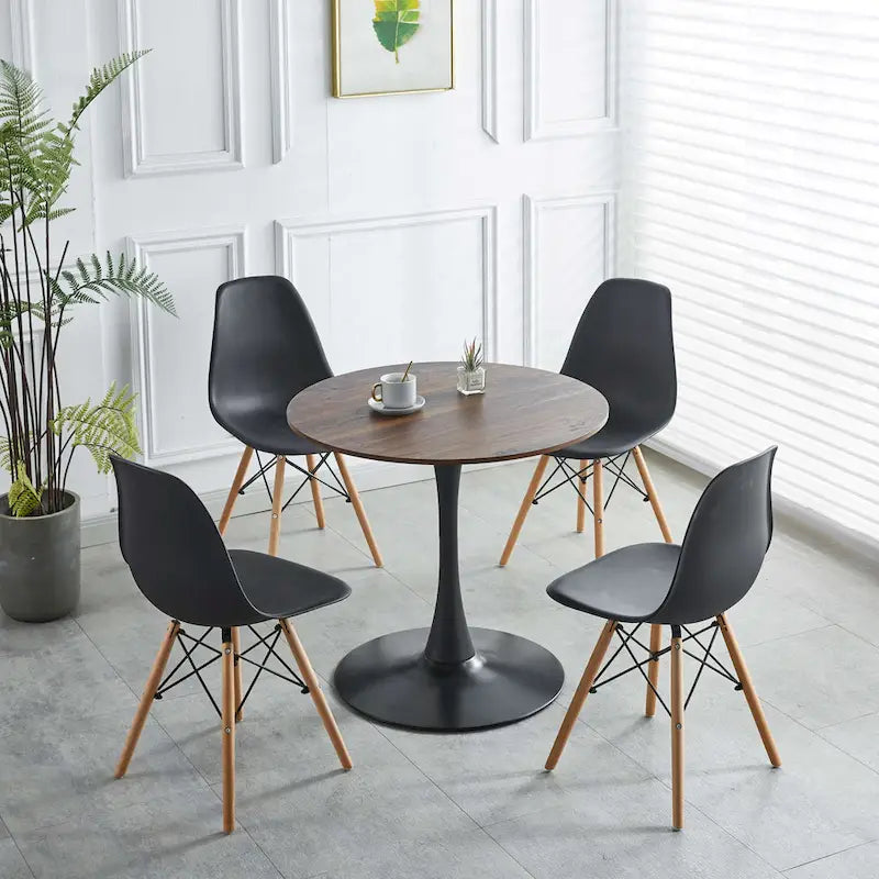 Walnut+Black / White Round Tulip Dining Table, Pedestal Base, Seats 2–4